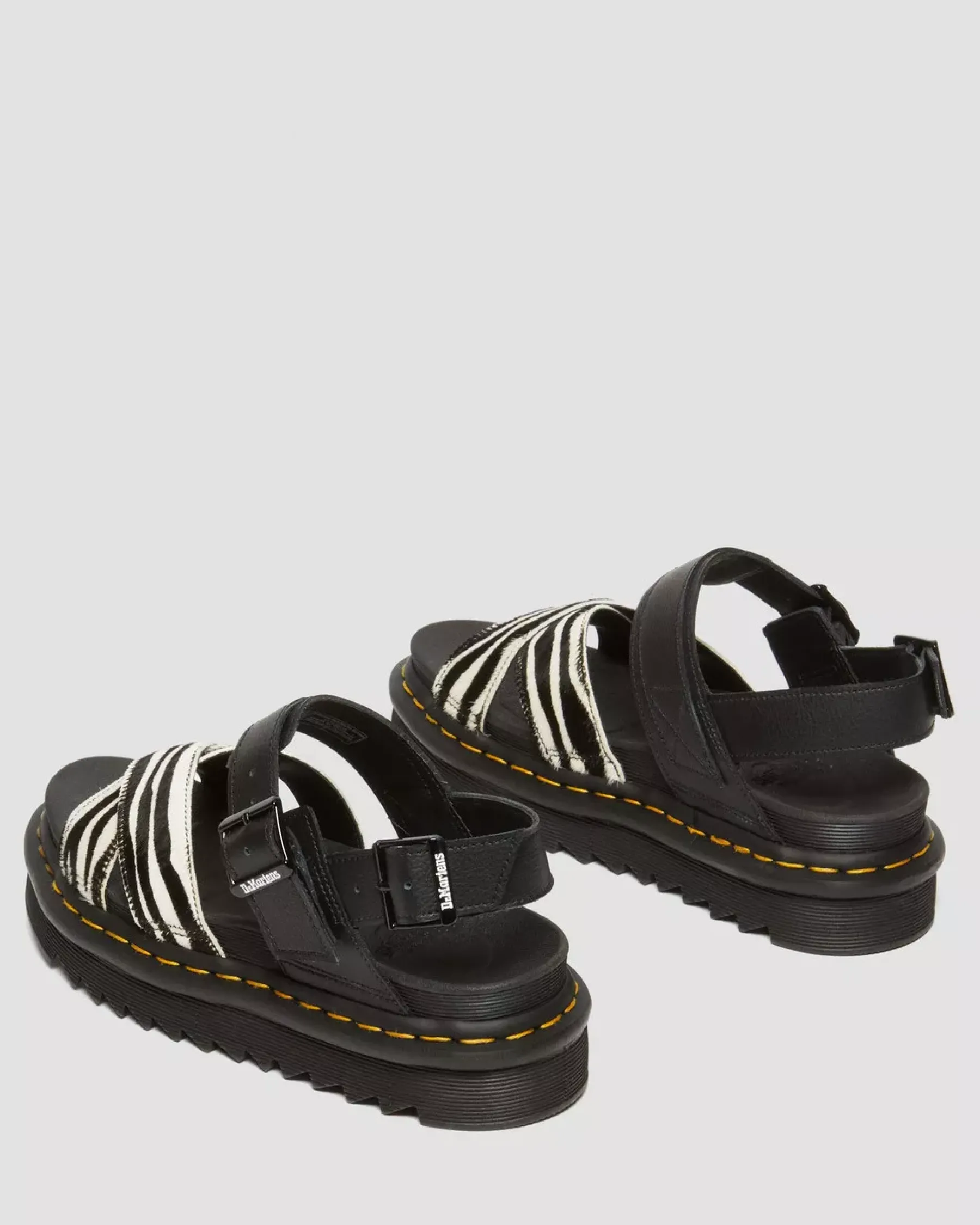Platforms|Sandals>Dr. Martens Voss II Hair-On Zebra Print Sandals BLACK+COW PRINT
