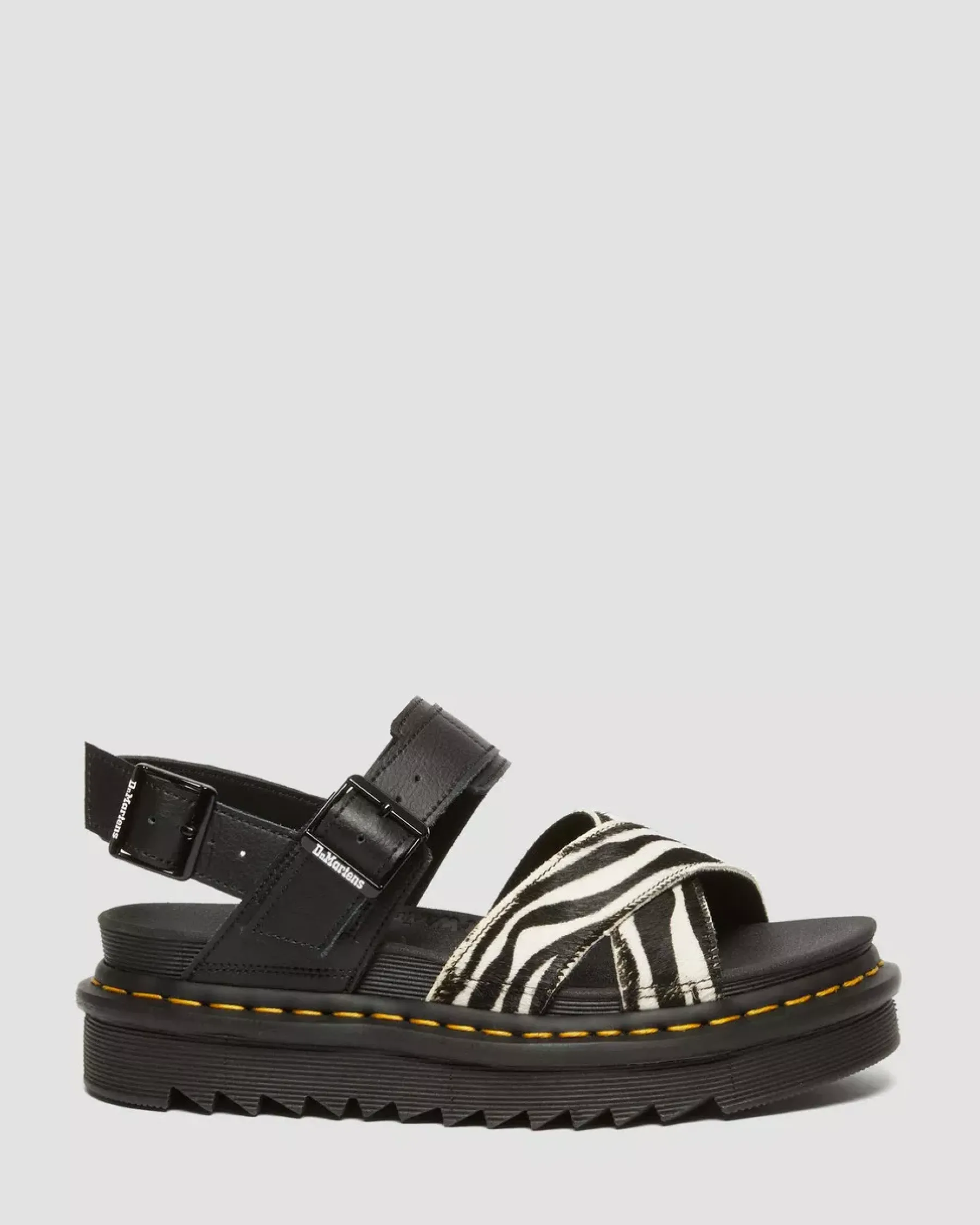 Platforms|Sandals>Dr. Martens Voss II Hair-On Zebra Print Sandals BLACK+COW PRINT