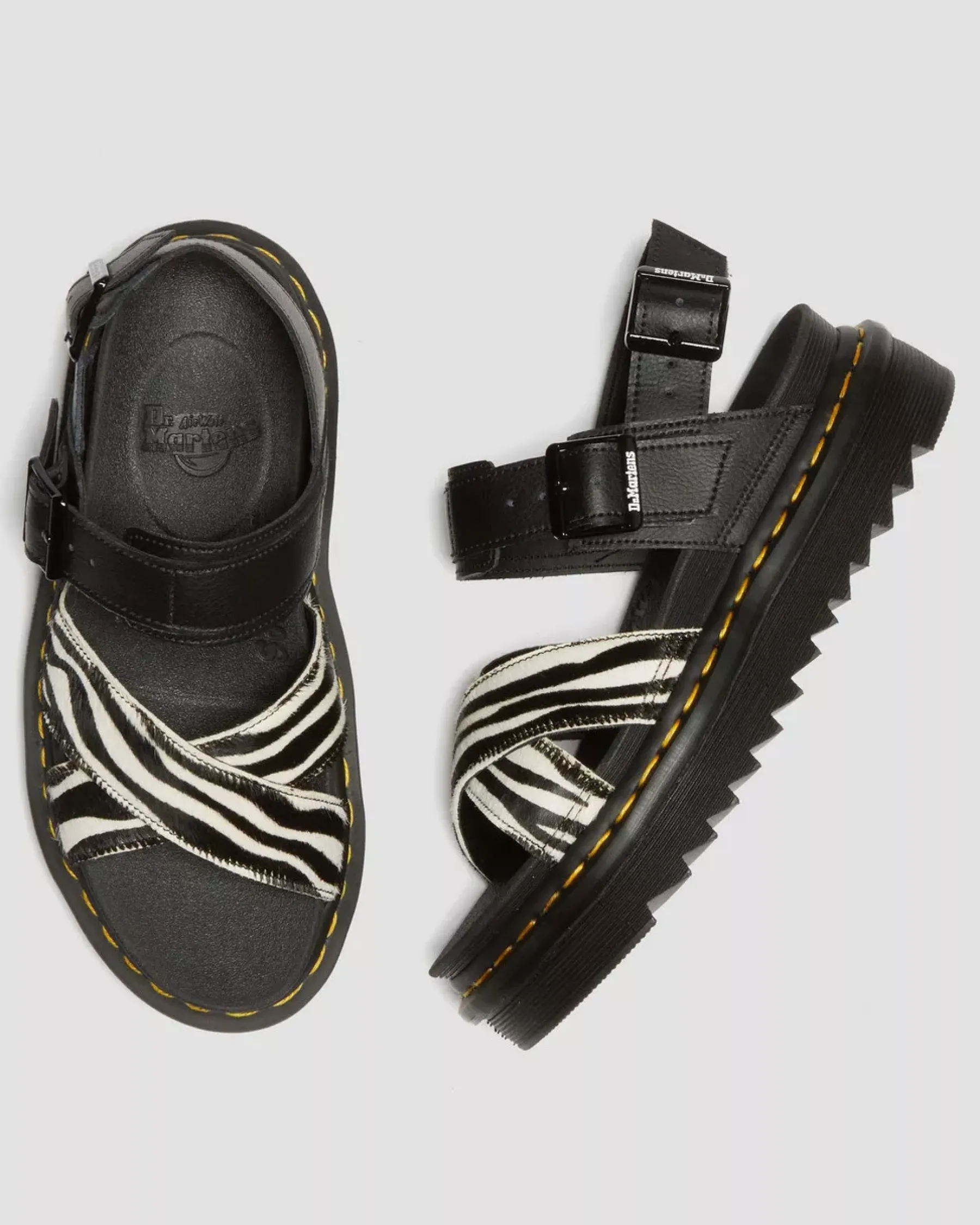 Platforms|Sandals>Dr. Martens Voss II Hair-On Zebra Print Sandals BLACK+COW PRINT