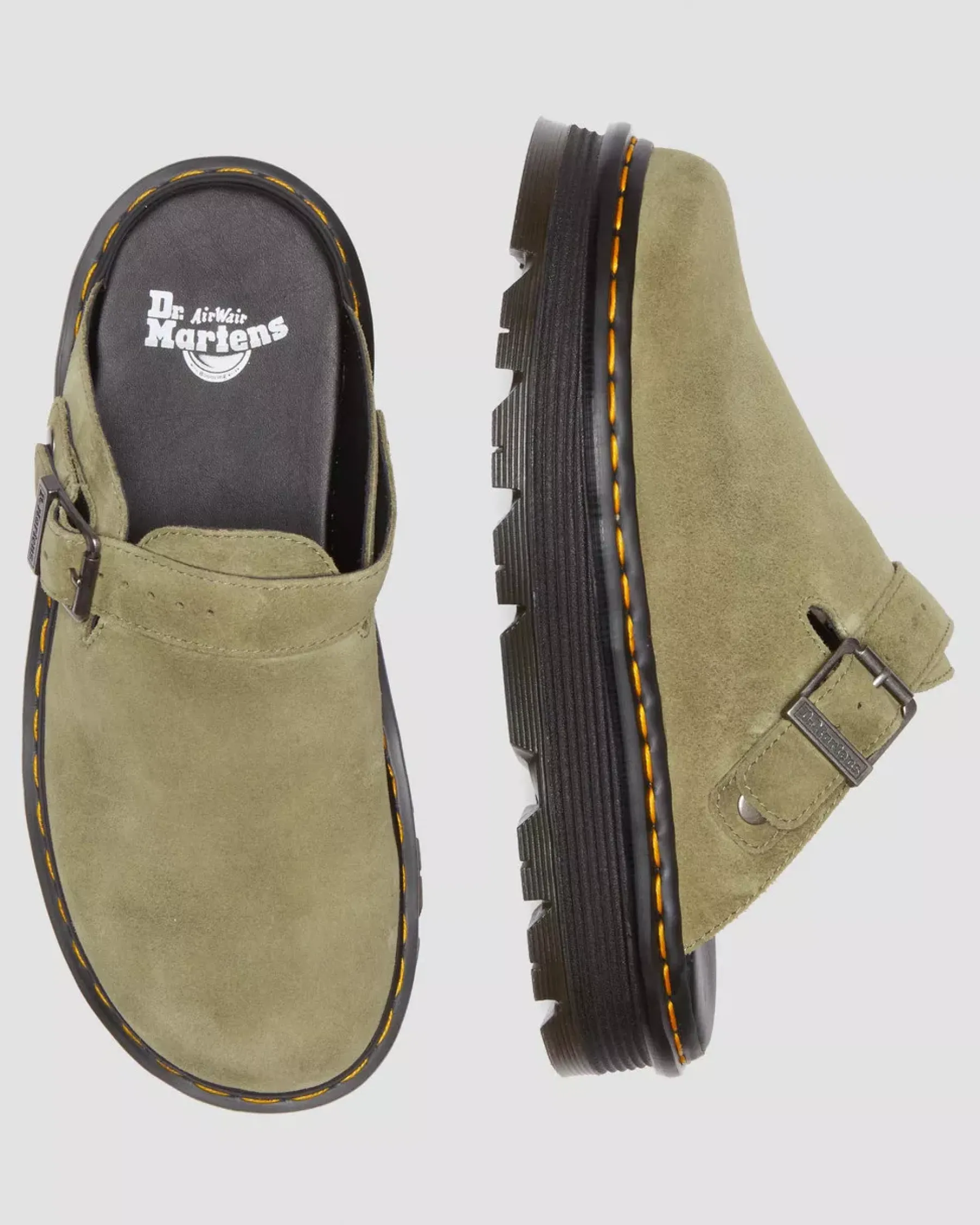 Mules & Slides|Sandals>Dr. Martens Zebzag Suede Casual Slingback Platform Mules Muted Olive — E.H.Suede