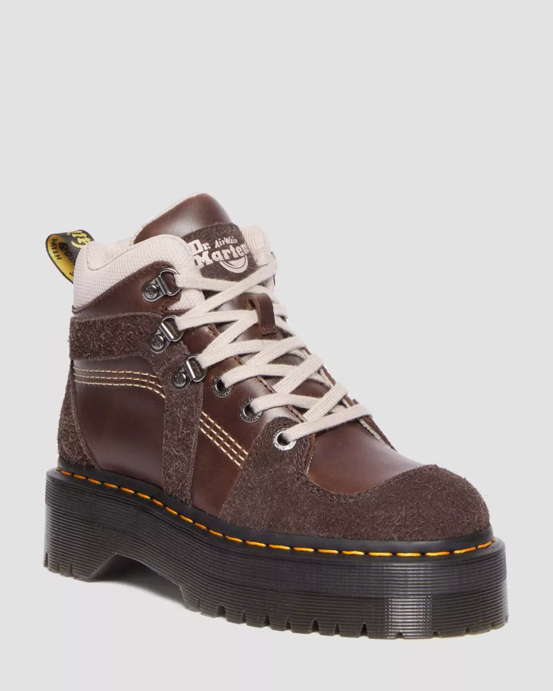 Sale|Ankle Boots>Dr. Martens Zuma Leather & Suede Hiker Style Boots DARK BROWN — Classic Pull Up + Wooly Bully