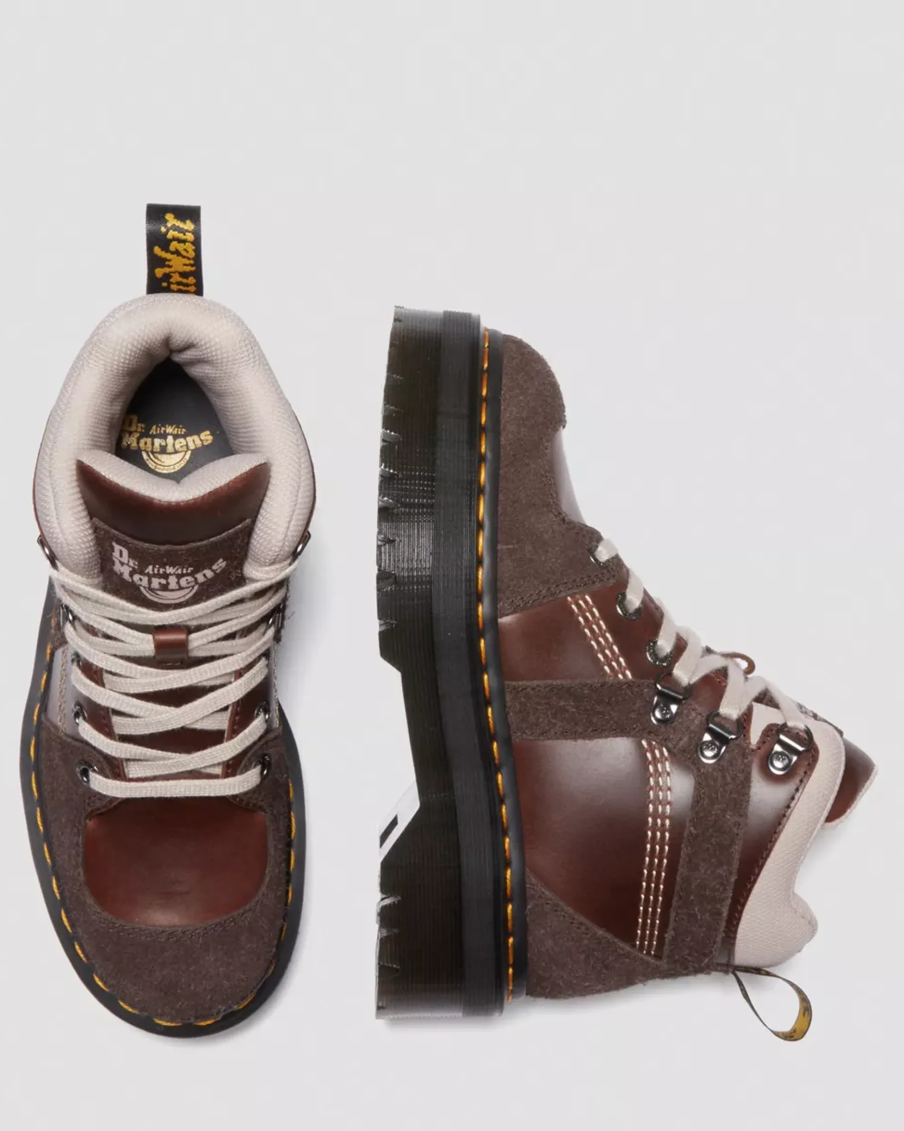Sale|Ankle Boots>Dr. Martens Zuma Leather & Suede Hiker Style Boots DARK BROWN — Classic Pull Up + Wooly Bully